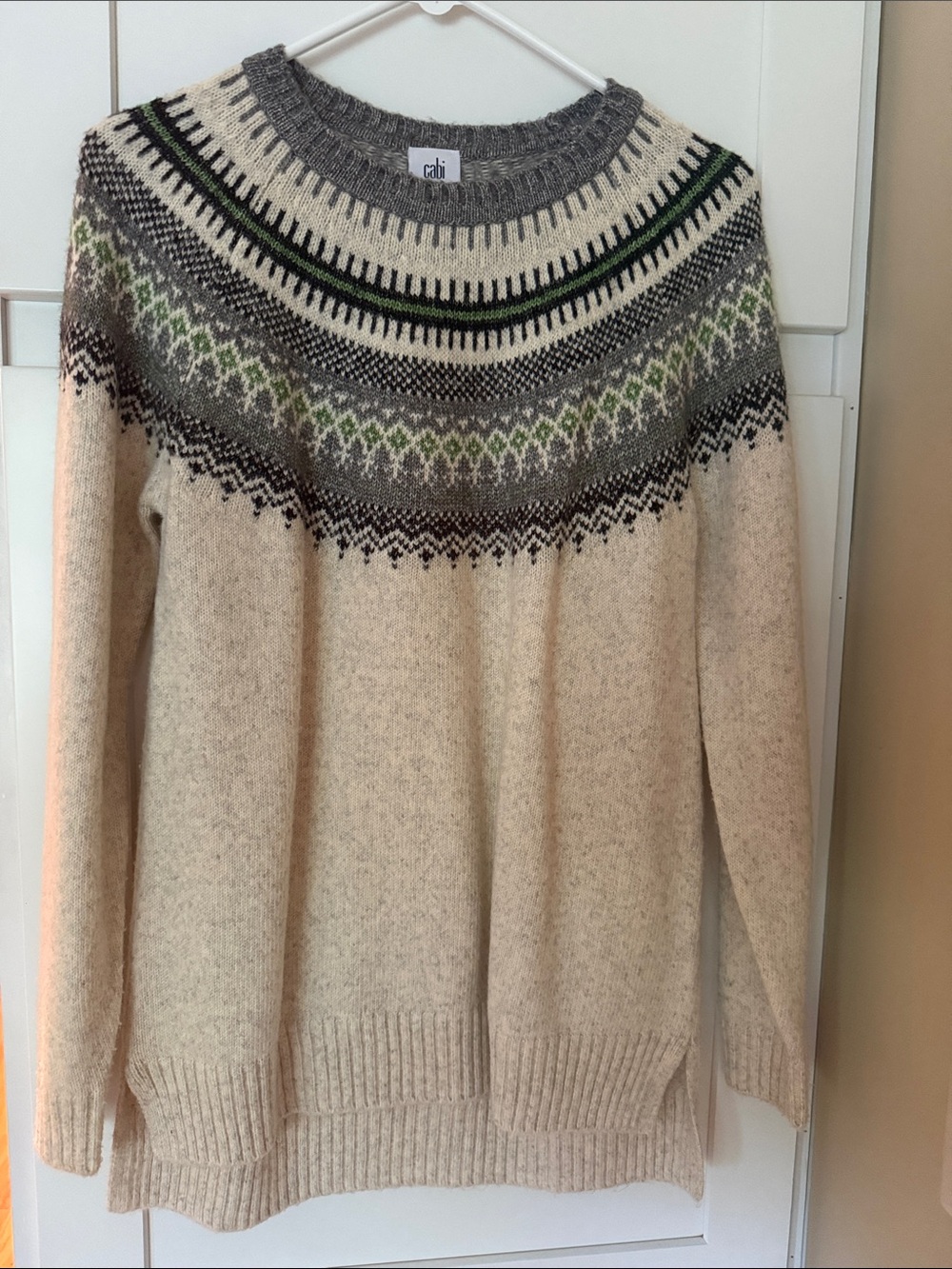 CAbi Cream Fair Isle Crewneck Sweater with Gray, Black & Green Yoke
